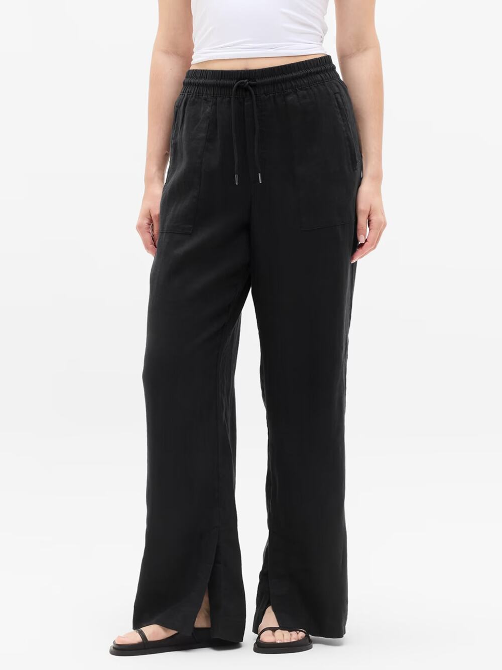 Athleta Retreat Linen High Rise Elastic Waist Wide Leg Relaxed Pants Black Small